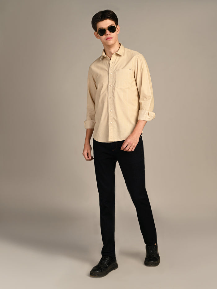 Full Sleeves Slim Fit Beige Dobby Corduroy Solid Shirt