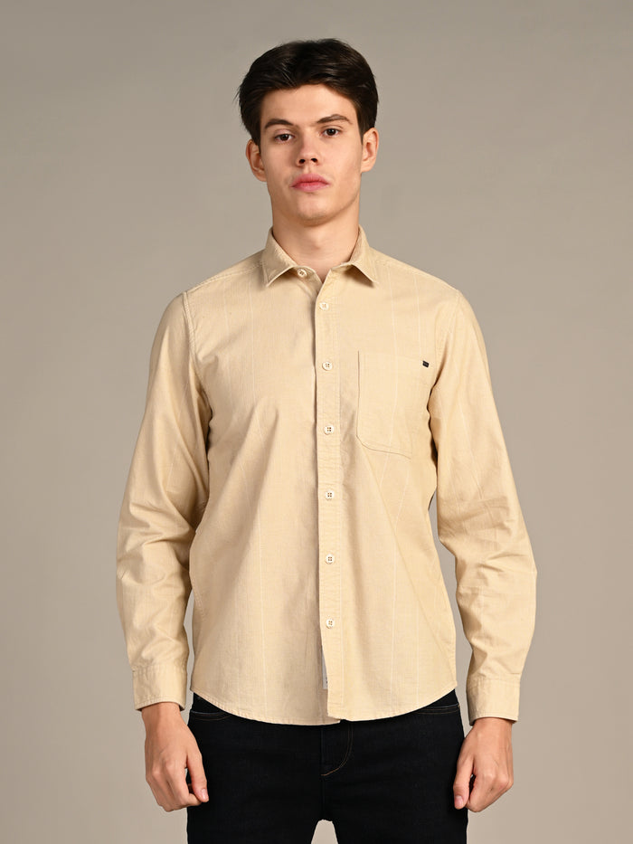 Full Sleeves Slim Fit Beige Dobby Corduroy Solid Shirt
