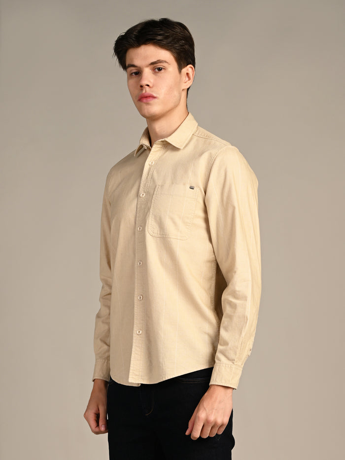 Full Sleeves Slim Fit Beige Dobby Corduroy Solid Shirt