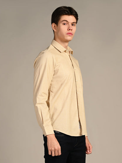 Full Sleeves Slim Fit Beige Dobby Corduroy Solid Shirt