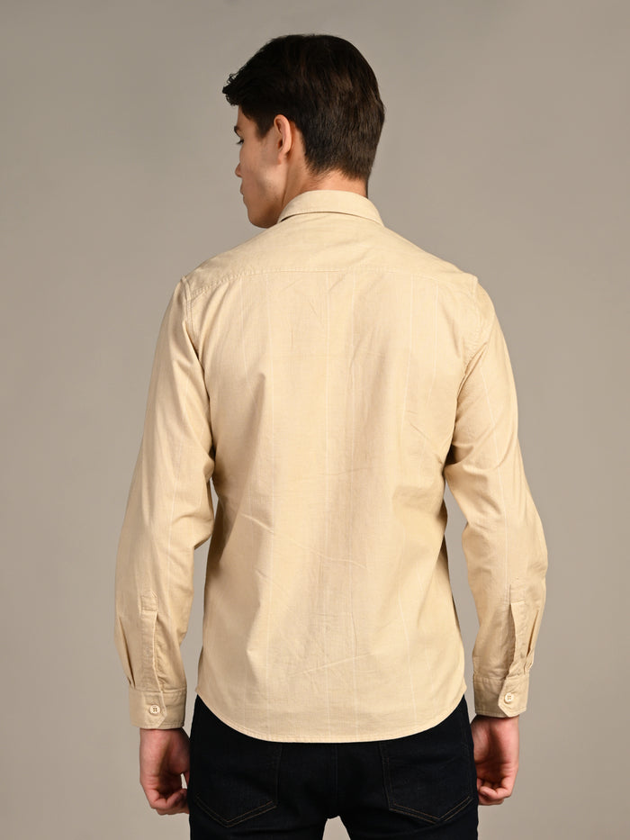 Full Sleeves Slim Fit Beige Dobby Corduroy Solid Shirt