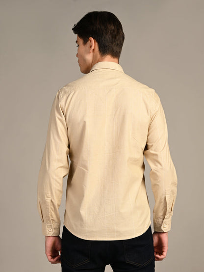 Full Sleeves Slim Fit Beige Dobby Corduroy Solid Shirt