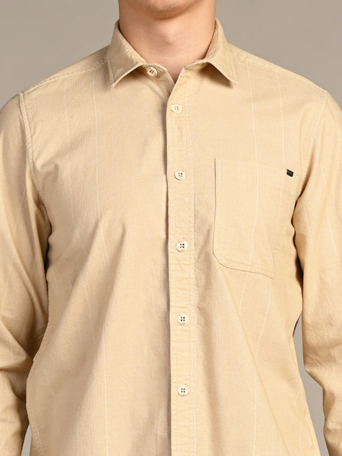 Full Sleeves Slim Fit Beige Dobby Corduroy Solid Shirt