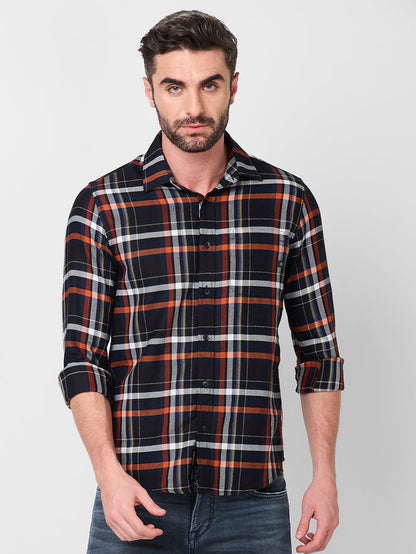 Full Sleeves Slim Fit Black Structure Checks Shirt