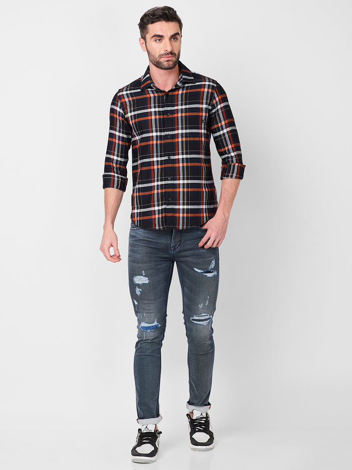 Full Sleeves Slim Fit Black Structure Checks Shirt