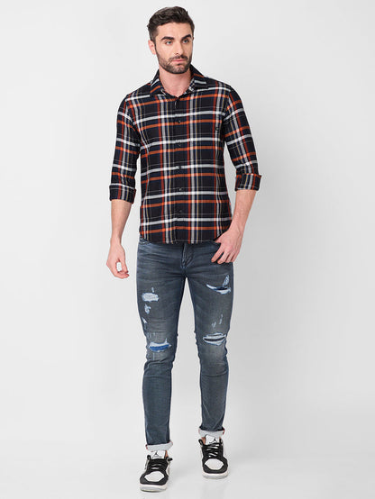 Full Sleeves Slim Fit Black Structure Checks Shirt