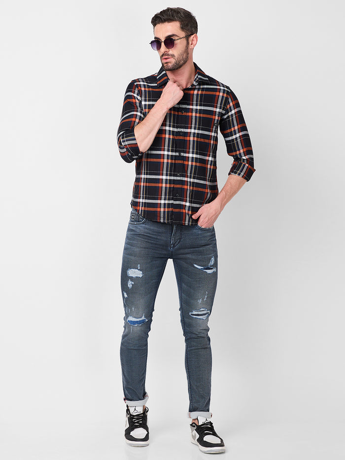 Full Sleeves Slim Fit Black Structure Checks Shirt
