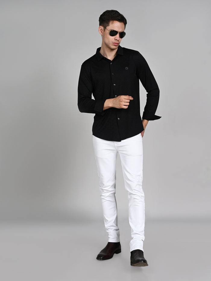 Full Sleeves Slim Fit Black Textured Solid Knit Shirt