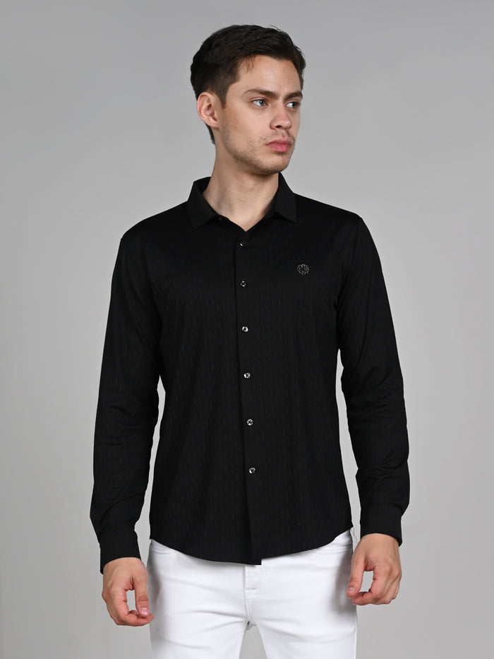 Full Sleeves Slim Fit Black Textured Solid Knit Shirt