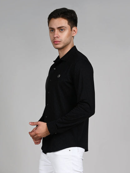 Full Sleeves Slim Fit Black Textured Solid Knit Shirt