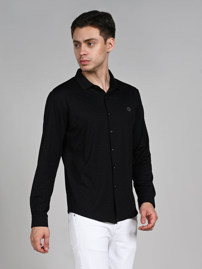 Full Sleeves Slim Fit Black Textured Solid Knit Shirt