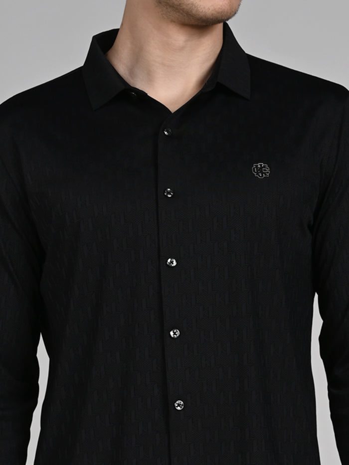 Full Sleeves Slim Fit Black Textured Solid Knit Shirt