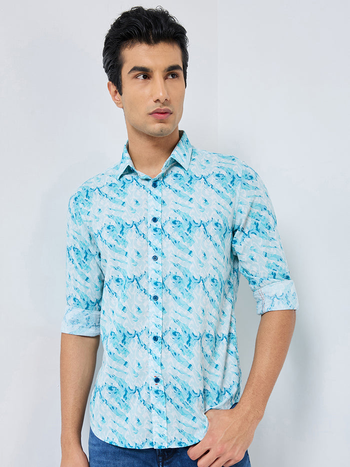 Full sleeves Slim Fit Blue Abstract Wave Brush Print Shirt