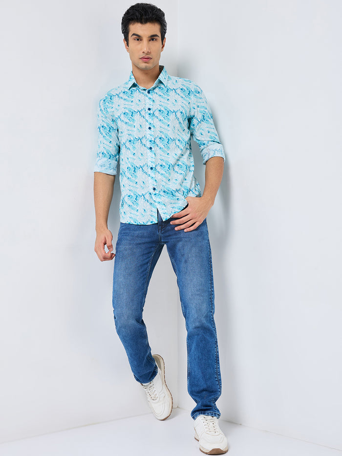 Full sleeves Slim Fit Blue Abstract Wave Brush Print Shirt