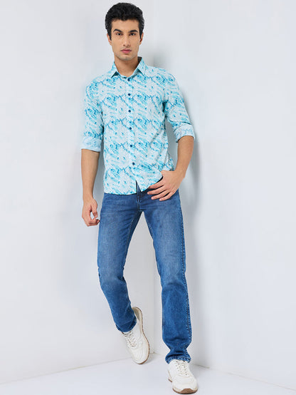 Full sleeves Slim Fit Blue Abstract Wave Brush Print Shirt