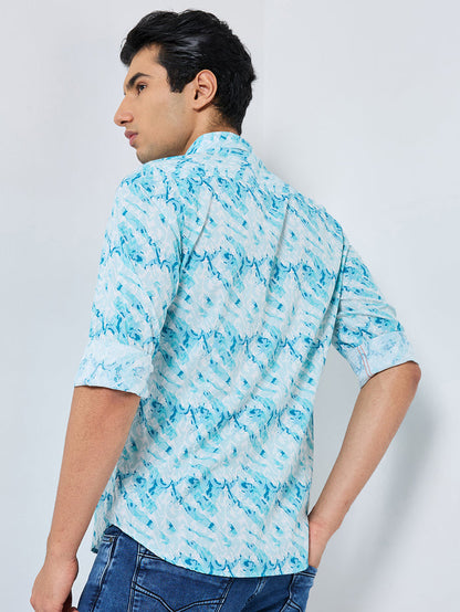 Full sleeves Slim Fit Blue Abstract Wave Brush Print Shirt