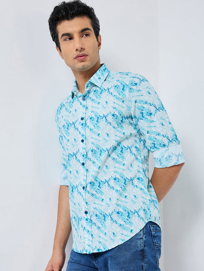 Full sleeves Slim Fit Blue Abstract Wave Brush Print Shirt