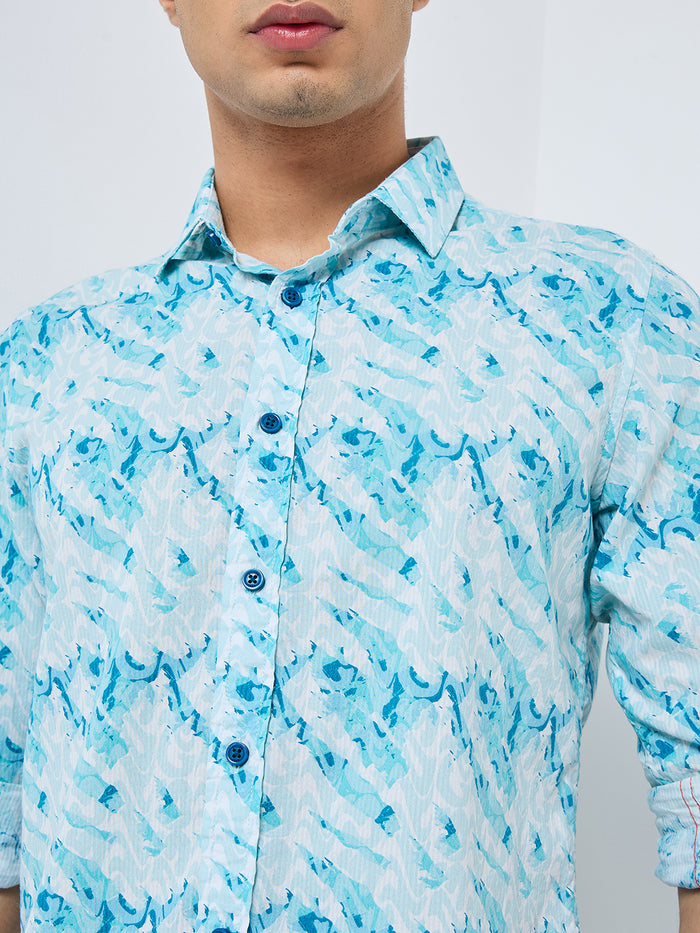 Full sleeves Slim Fit Blue Abstract Wave Brush Print Shirt