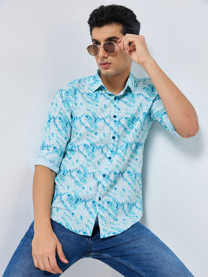 Full sleeves Slim Fit Blue Abstract Wave Brush Print Shirt