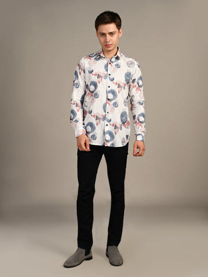 Full Sleeves Slim Fit Blue All-Over Big Abstract Fancy Torn Look Print Shirt