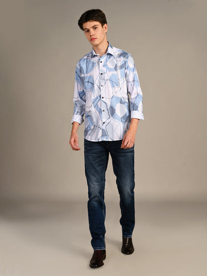 Full Sleeves Slim Fit Blue All-Over Big Abstract Print Shirt