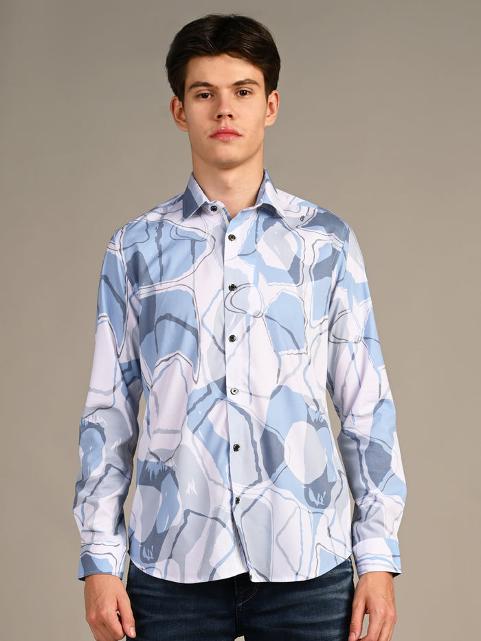 Full Sleeves Slim Fit Blue All-Over Big Abstract Print Shirt