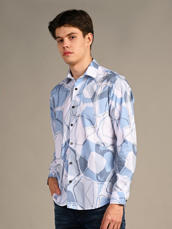 Full Sleeves Slim Fit Blue All-Over Big Abstract Print Shirt