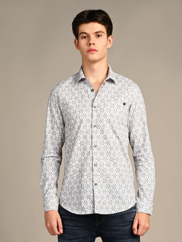 Full Sleeves Slim Fit Blue All Over Monogram Floral Satin Solid Shirt