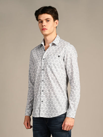 Full Sleeves Slim Fit Blue All Over Monogram Floral Satin Solid Shirt