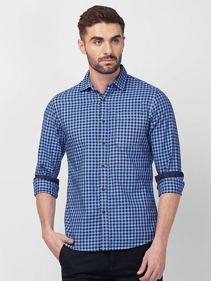 Full sleeves Slim Fit Blue Over-Dyed Gingham Checks Shirt