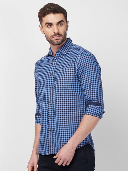 Full sleeves Slim Fit Blue Over-Dyed Gingham Checks Shirt