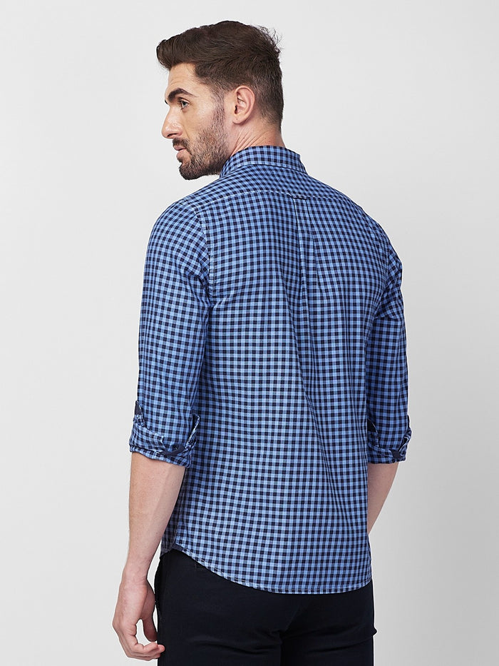 Full sleeves Slim Fit Blue Over-Dyed Gingham Checks Shirt