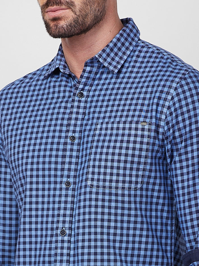 Full sleeves Slim Fit Blue Over-Dyed Gingham Checks Shirt