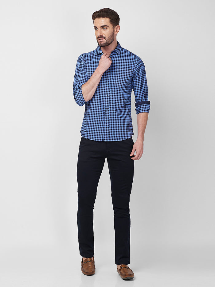 Full sleeves Slim Fit Blue Over-Dyed Gingham Checks Shirt