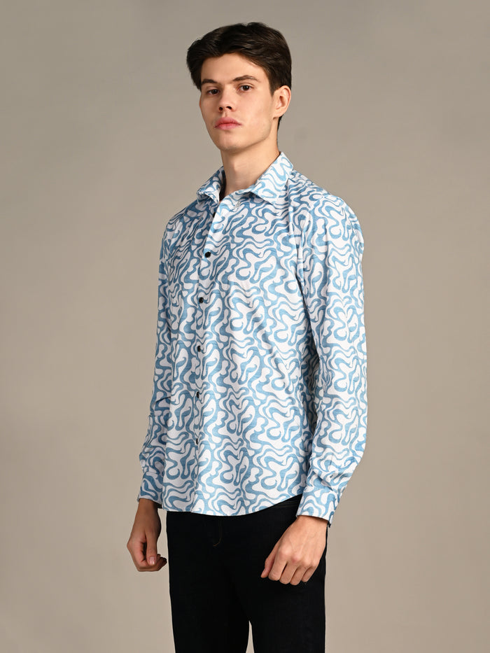 Full Sleeves Slim Fit Blue Squggly Abstract Jacquard Dobby Print Shirt