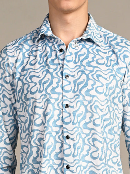 Full Sleeves Slim Fit Blue Squggly Abstract Jacquard Dobby Print Shirt