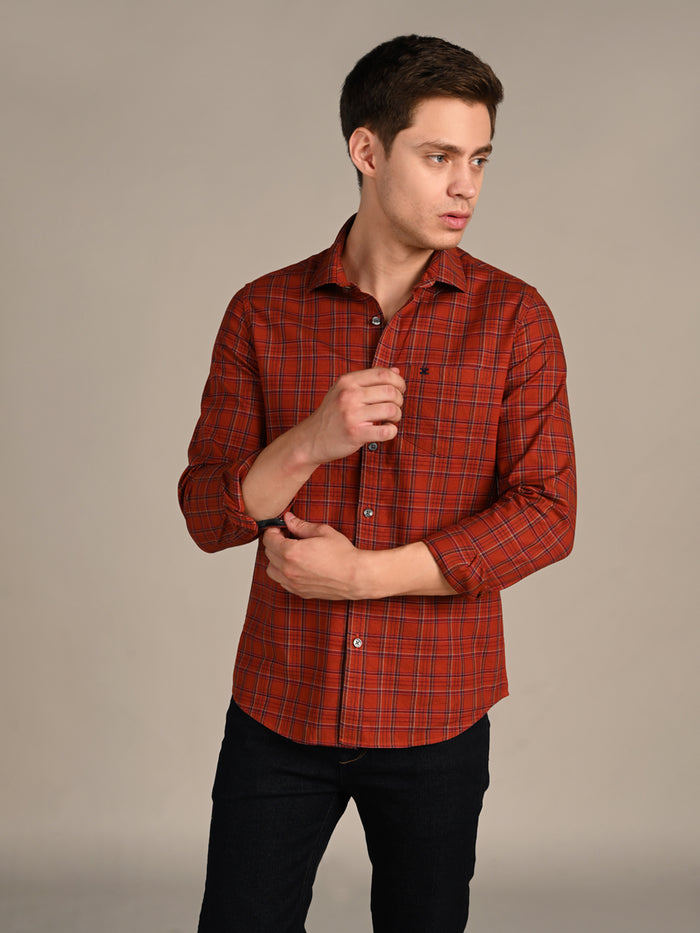 Full Sleeves Slim Fit Brick Red Dobby Structured Checks Shirt