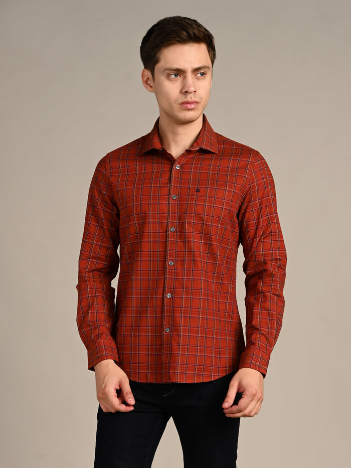 Full Sleeves Slim Fit Brick Red Dobby Structured Checks Shirt