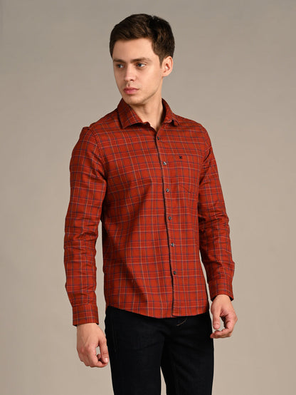 Full Sleeves Slim Fit Brick Red Dobby Structured Checks Shirt