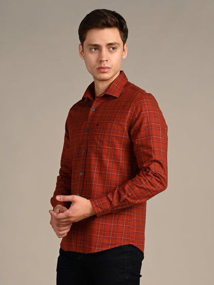 Full Sleeves Slim Fit Brick Red Dobby Structured Checks Shirt