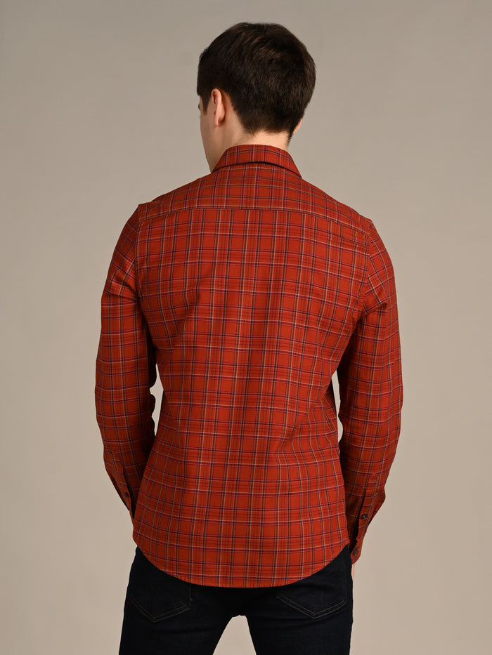 Full Sleeves Slim Fit Brick Red Dobby Structured Checks Shirt