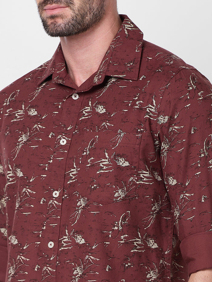 Full Sleeves Slim Fit Brown Abstract Floral Print Shirt