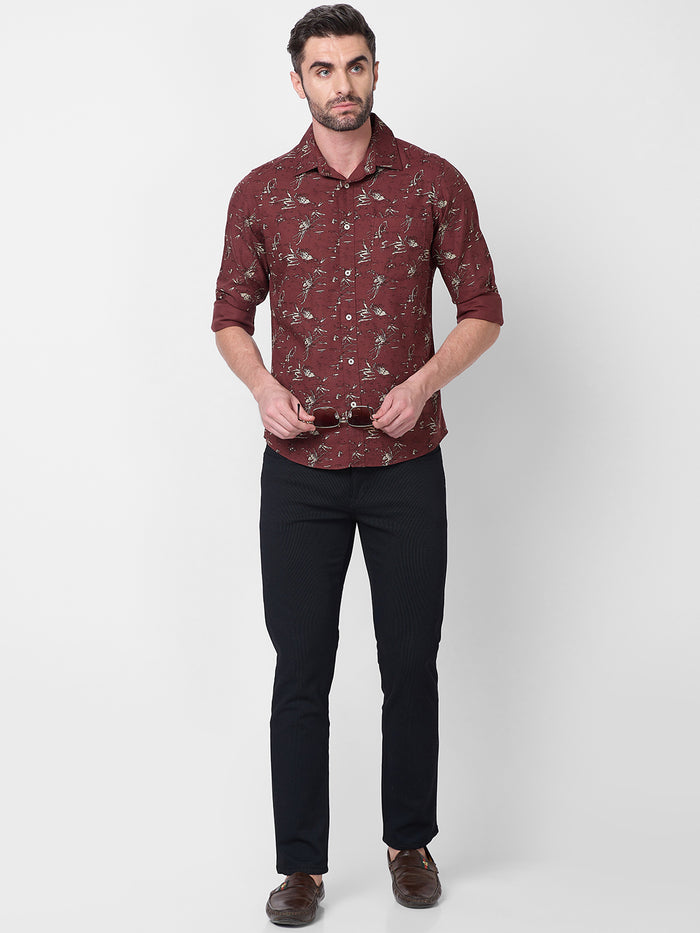Full Sleeves Slim Fit Brown Abstract Floral Print Shirt