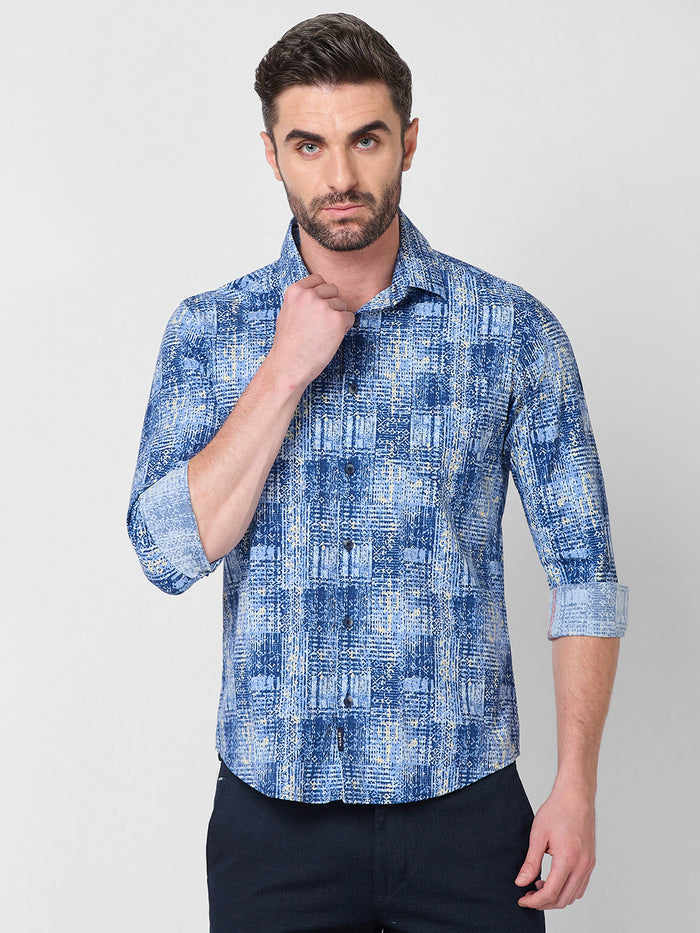 Full Sleeves Slim Fit Brown Grunge Geometric Print Shirt