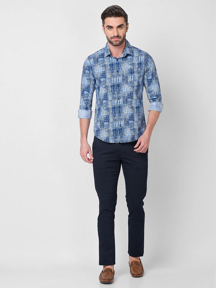 Full Sleeves Slim Fit Brown Grunge Geometric Print Shirt