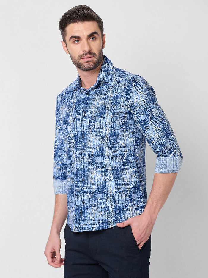 Full Sleeves Slim Fit Brown Grunge Geometric Print Shirt