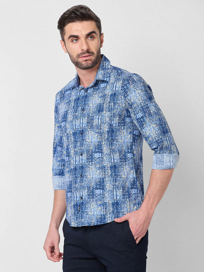 Full Sleeves Slim Fit Brown Grunge Geometric Print Shirt