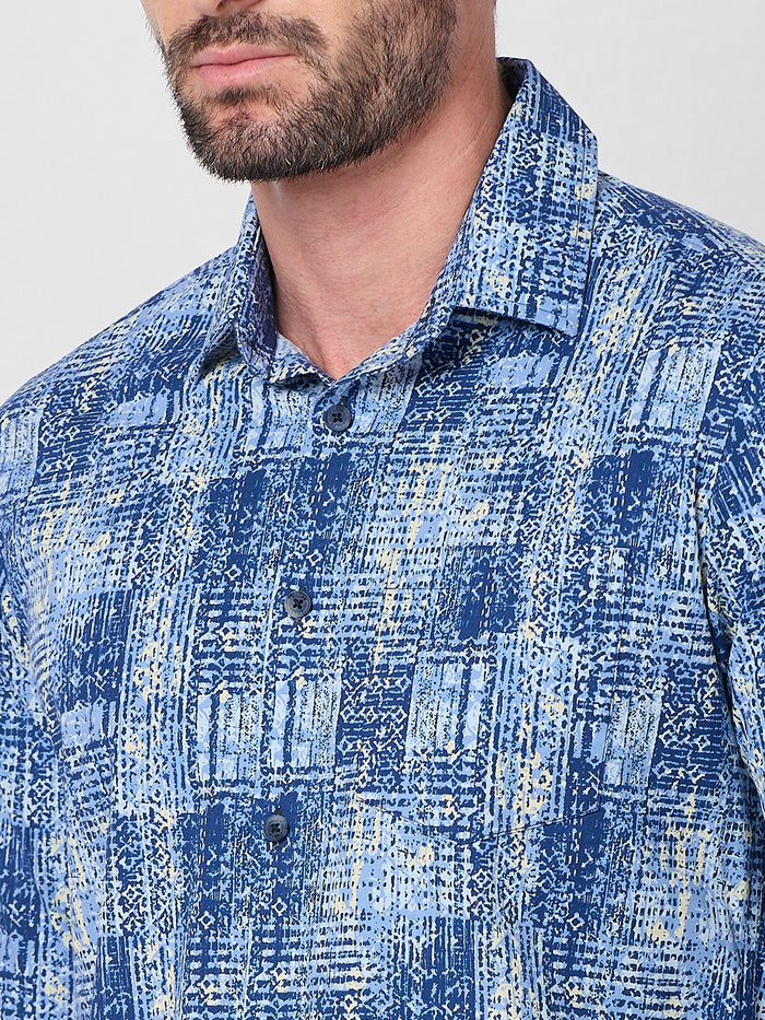 Full Sleeves Slim Fit Brown Grunge Geometric Print Shirt