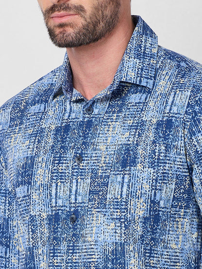 Full Sleeves Slim Fit Brown Grunge Geometric Print Shirt