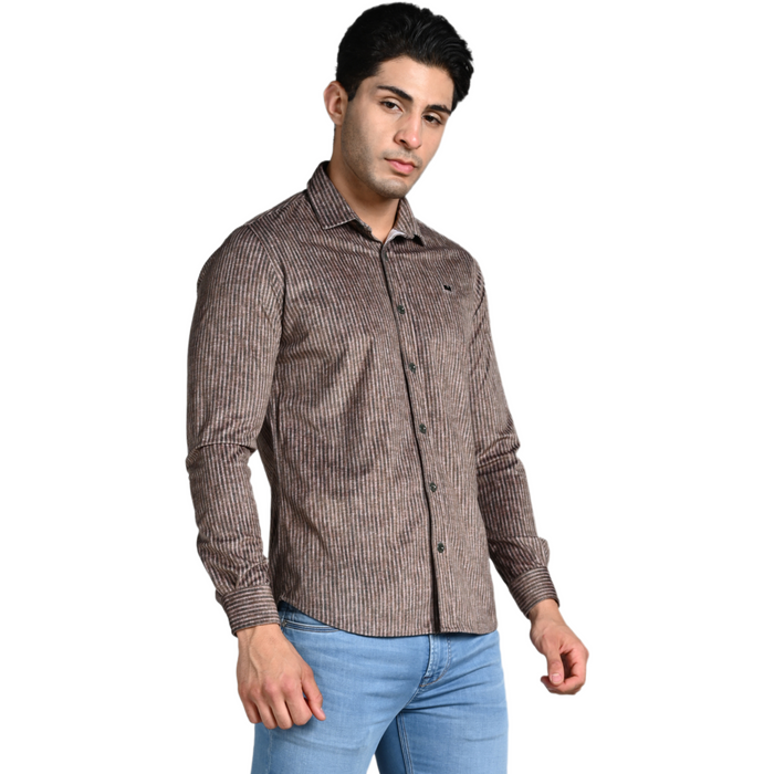 Full Sleeves Slim Fit Brown Grunge Stripe Uncut Corduroy Print Shirt